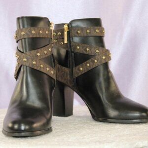 Michael Kors Studded Block Heel Ankle Boots Black Leather MK Logo Straps 7.5sz